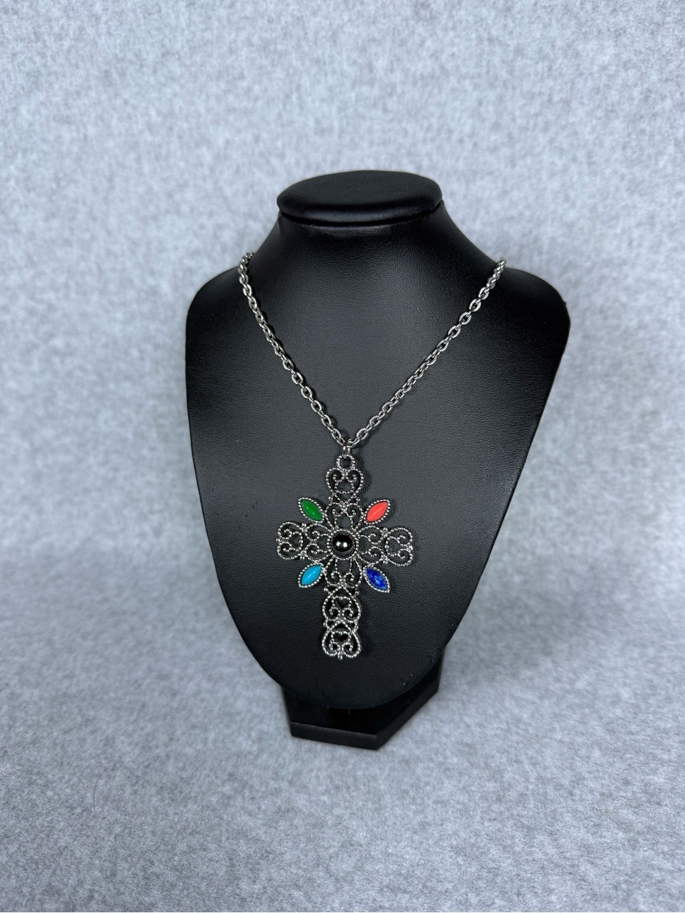 Vintage Avon Romanesque Cross Necklace Silver Tone Filigree Multicolor Cabochons